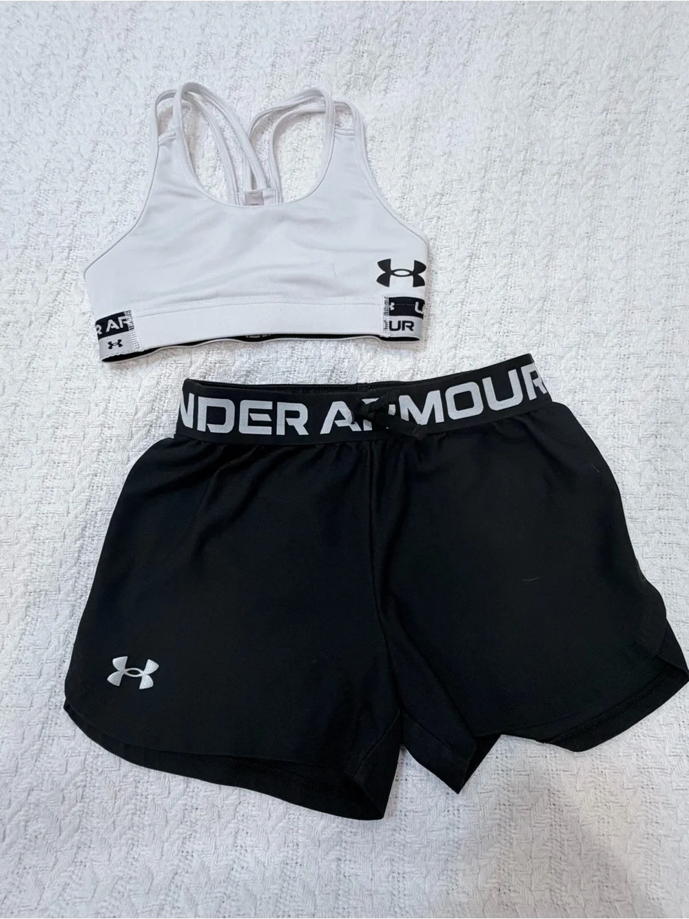 Under Armour White Sports Bra with Black Athletic Shorts